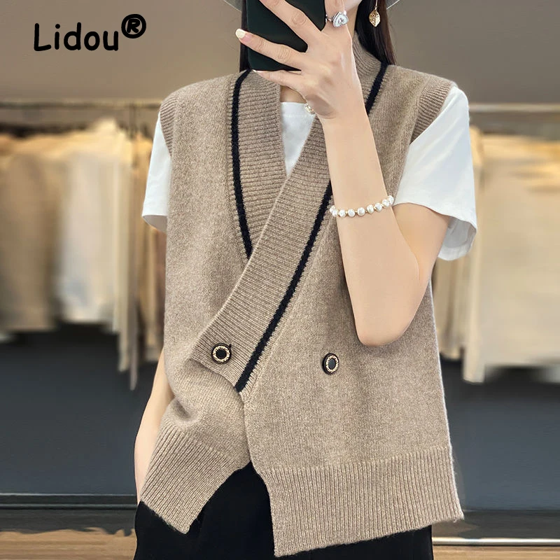 

Women's Vintage Simple Casual Asymmetrical Y2K Waistcoat Trendy Streetwear V Neck Chic Knitted Cardigan Sleeveless Sweater Vests