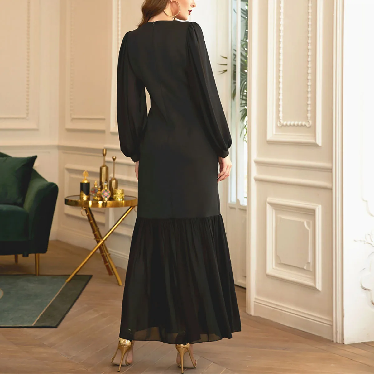 Women Elegant Slim Balloon Sleeve Handmade Diamond Party Dress Dress Muslim Kaftan Dress