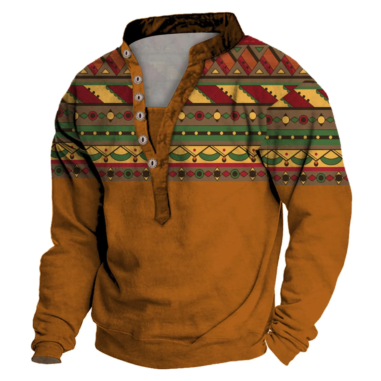 Mens Button Long Sleeve Color T Shirt Outdoor Tribal Pattern Tribal Top Metallic Long Sleeve Shirt images - 6