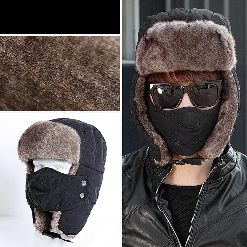 

2022 New Men's Warm Chunky Trapper Hat Removable Windproof Winter Russian Hats With Mask Snow Ski Cap With Scarve