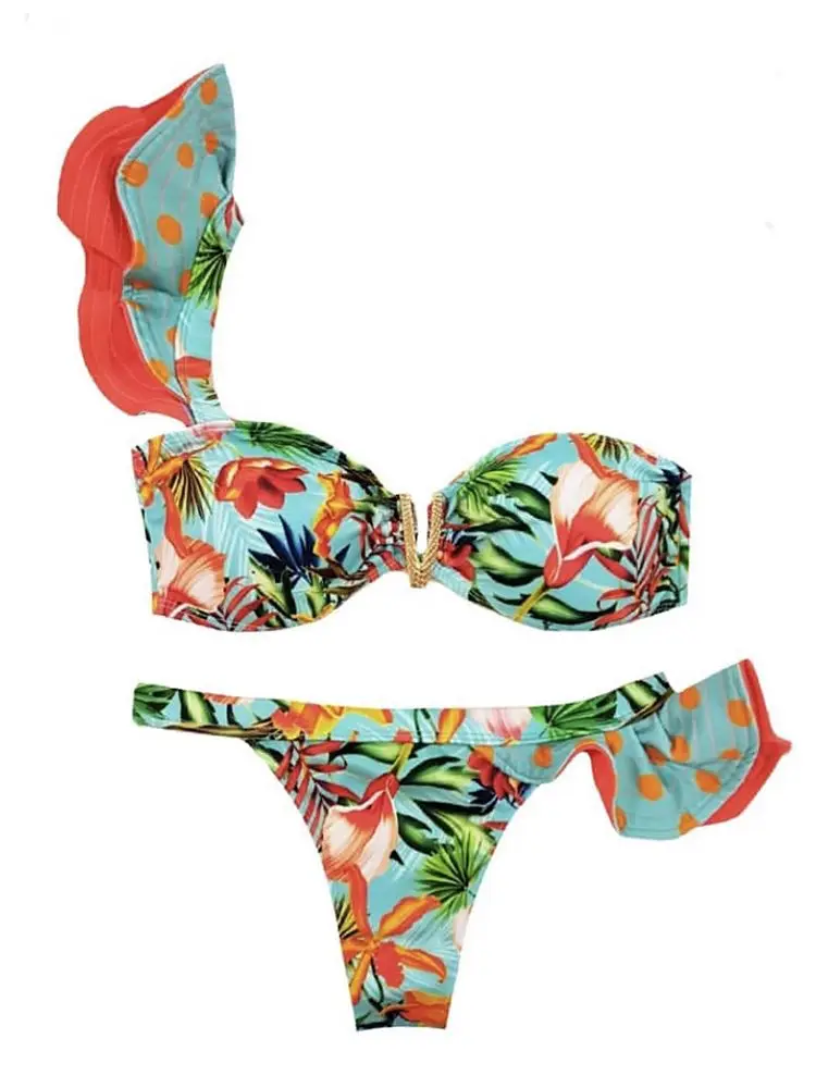 

2020 Sexy Bikinis Women Swimsuit Tropical Print Swimwear Brazilian Bikini Set Ruffle Bathing Suit Beachwear Biquini female