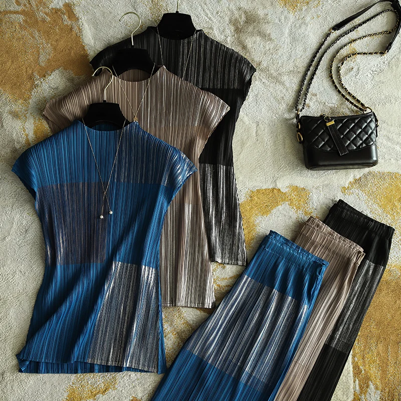 

Pleated Two Piece Sets Sleeveless T-shirt Straight Pants Trousers Brush Metal Loungewear Women Vintage Aesthetic Clothes