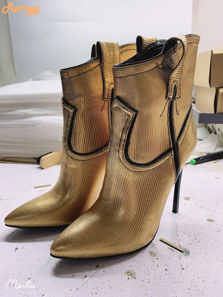 Gold Fashion Splicing Boots Pointed Toe Stiletto Heel Slip On Ankle Boots Women Large Size Short Boots 12cm Heel
