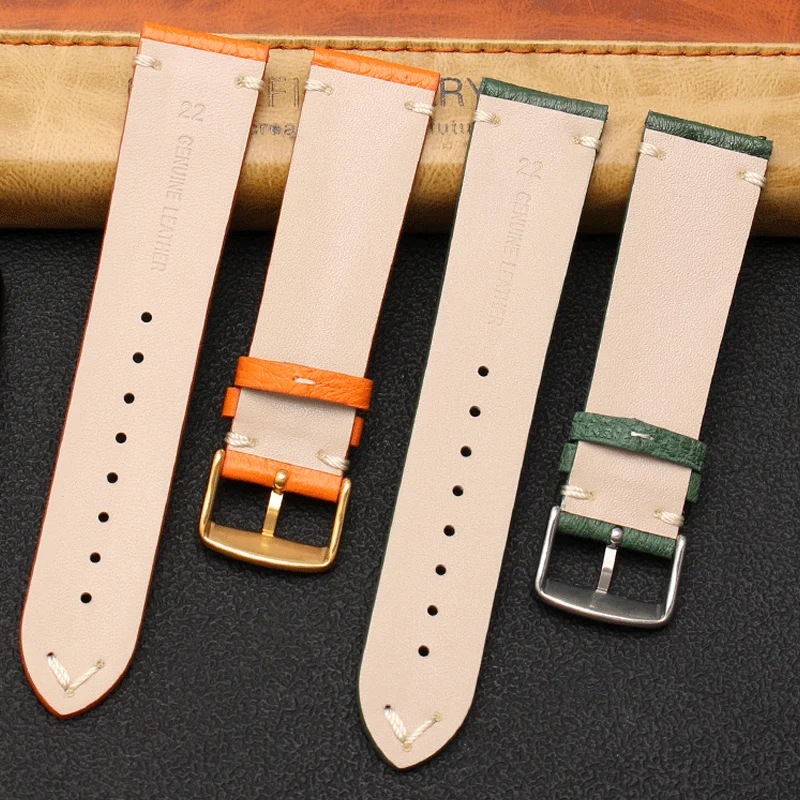 High Quality Ultra-thin soft handmade ostrich leather green general watch strap18 20mm 22mm Orange brown black watch straps Men