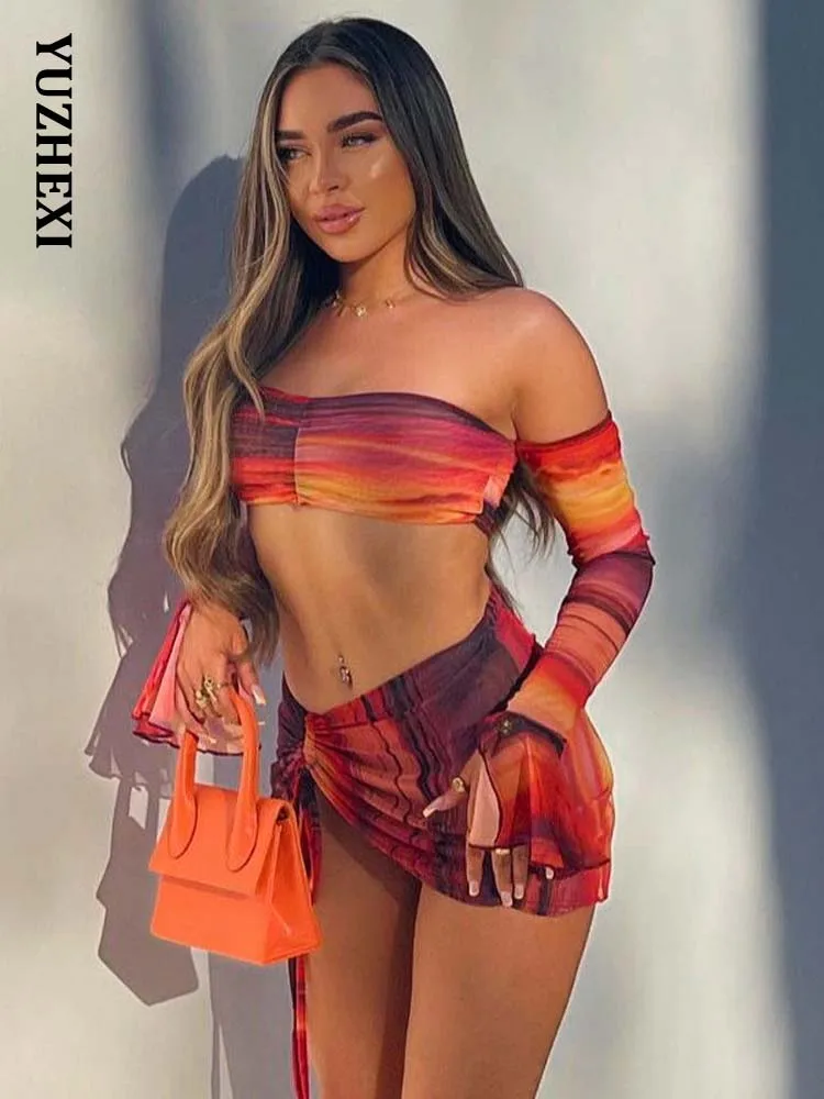 

YUZHEXI Marble Tie-dye Drawstring Skirt Crop Top Two Piece Set Women Fashion Print Sexy Off Shoulder Bandage Suit Rave Clubwear