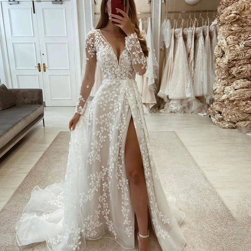 

2023 Women's Wedding Dresses Sexy V-Neck A-Line Side Split Long-Sleeved Tulle Princess Bride Gowns Robe Lace Applique Formal Par