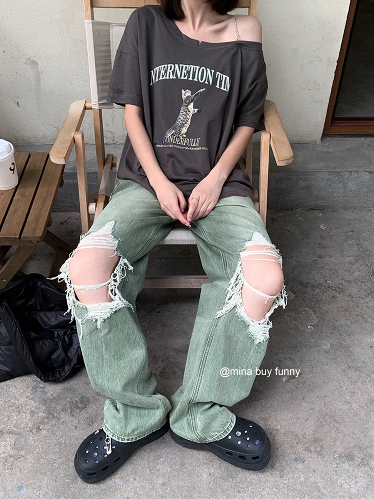 

Streetwear Fashion Retro Green Ripped Jeans Women High Waist Vintage Straight Trouser American Style Wide Leg Pant Women's Jeans