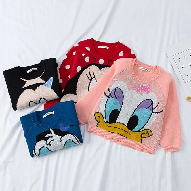 

Baby Cartoon Sweater 2022 Autumn Winter Boys Girls Mickey Minnie Cartoon Jacquard Pullover Sweater 1-7Years Kids Disney Clothing