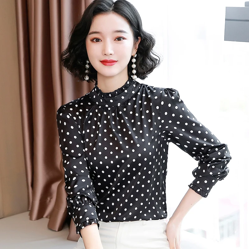 

Korean Fashion Silk Women Blouses Beading Satin Long Sleeve Women Shirts Black Office Lady Blusas Femininas Elegante Ladies Tops