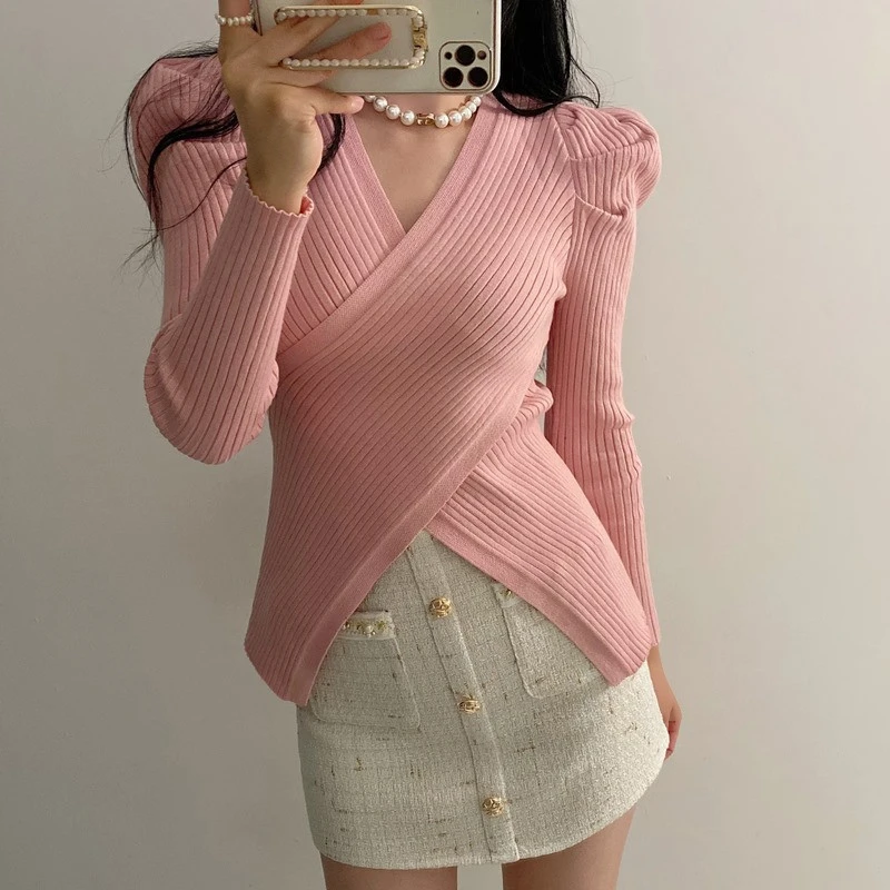 

Design Chic Ins Korean Fashion Women Autumn Winter Knitted Sweaters Criss Cross Irregular V Neck Jumper Womens Knitwear Pullover