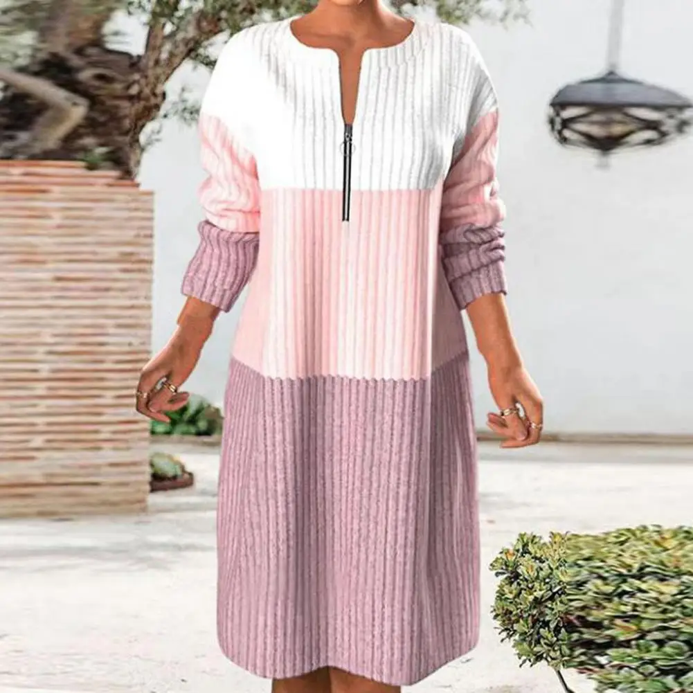 

Women Sweater Dress Contrast Color Loose Long Sleeve O-Neck Streetwear Autumn Winter Coldproof Knitting Pullover Dress Vestidos