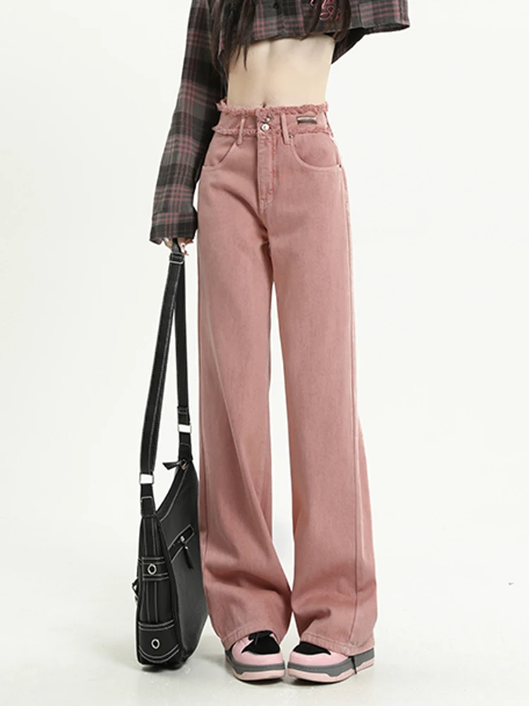 

Spring 2023 Fashion pink Baggy Jeans Woman Denim Pants High Waisted Pink Spliced Trousers Vintage Straight Loose Chic Clothes