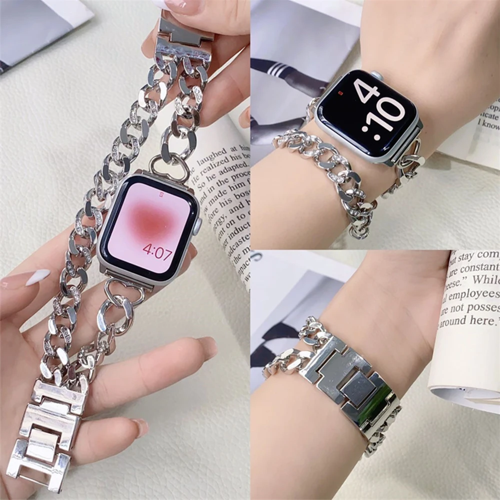 Gourmette Metal Double Strap for Apple Watch Ultra 8 7 49 41 45mm Women Metal Band Tour for IWatch Series 6 5 4 Se 40 44 38 42mm