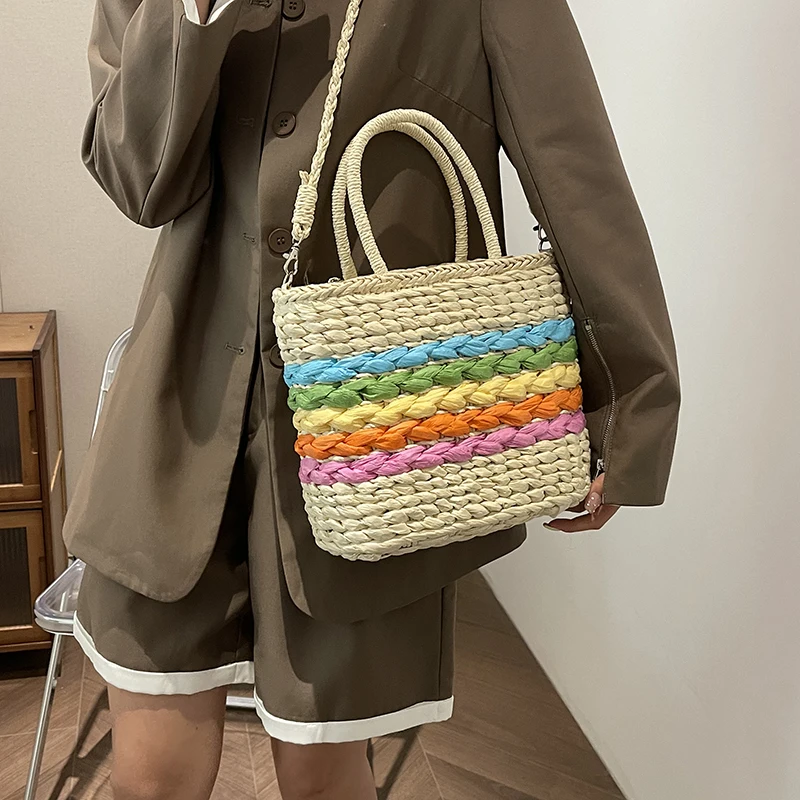 Летняя женская модная пляжная сумка-тоут радужная соломенная плетеная Сумка