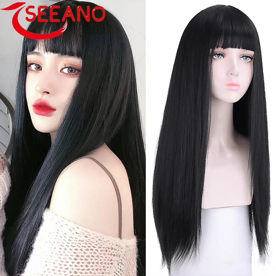 

SEEANO Synthetic Coaplay Wig Long Straight Black Hair With Bangs Ombre Pink Red Purple Blonde Women Halloween Cosplay Wig Female