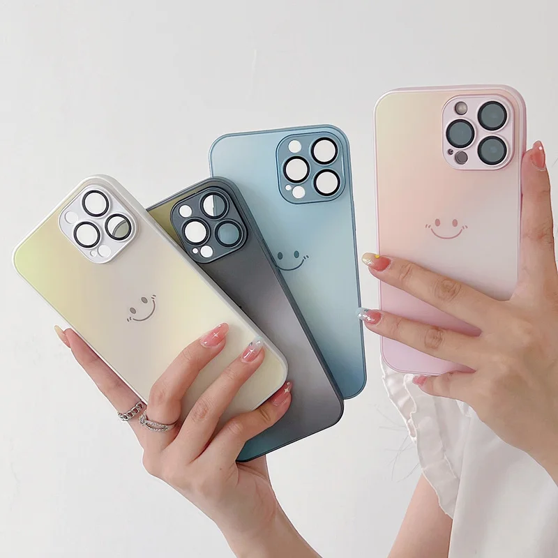 

Luxury Smiley Face Full Lens Protection Case For iPhone 13 12 11 14Pro Max Metallic Paint Glass Backplane Matte Shockproof Cover