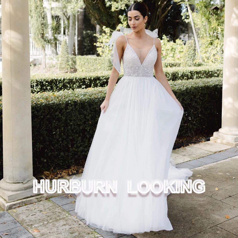 

HERBURN Pastrol Sweet Wedding Dresses Deep V-Neck Ribbon Backless Spaghetti Straps Romantic Sexy Vestidos De Novia Custom Made