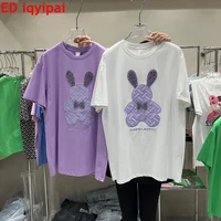 ed iqyipai harajuku pure cotton purple crystal diamonds rabbit embroidery cute t shirts kawaii women girls loose casual tops