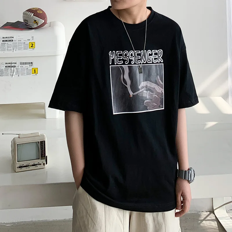 

Summer Men's T-shirt Men's Fashion Dark Department Short Sleeve Korean Loose Nightclub Printed 5-sleeve T-Shirt Tops Women