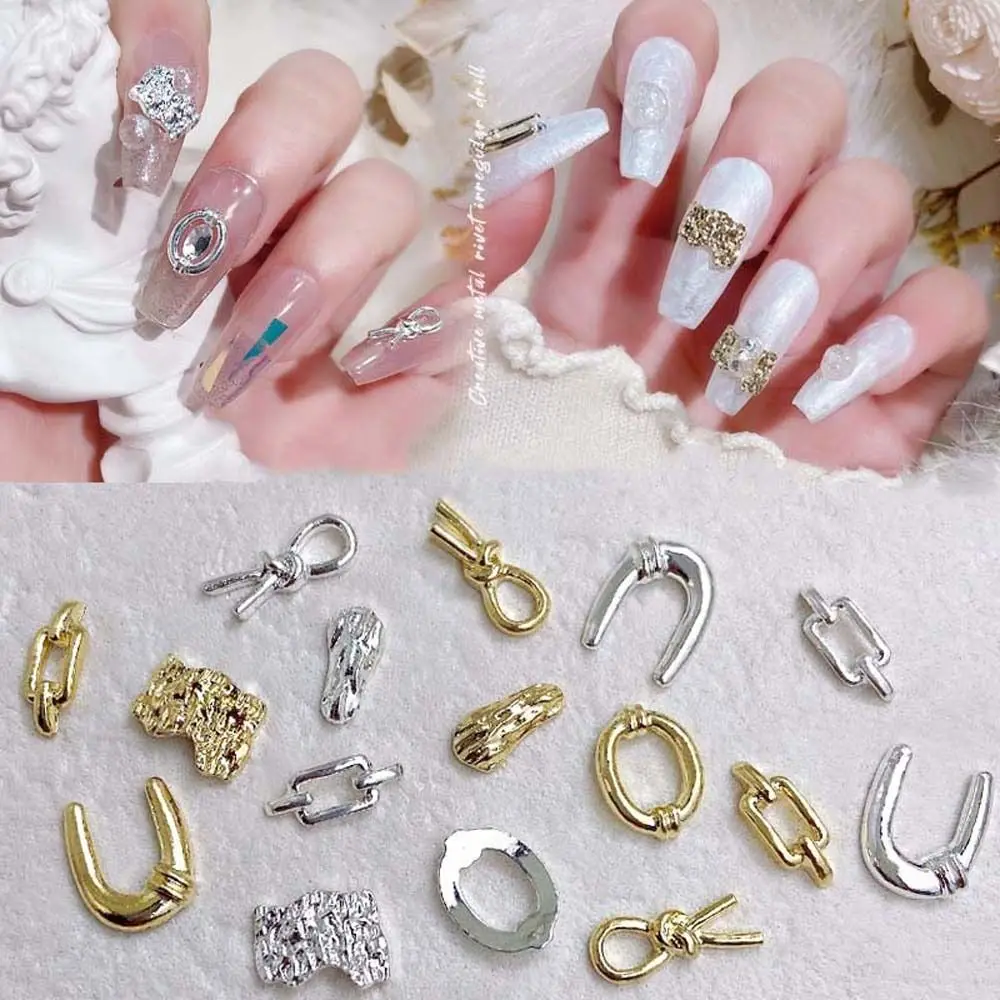 

10Pcs/set Of Metal Alloy 3D Rhinestone Nail Art Decoration Irregular Shape Nail Accessories Gold And Silver Nail Charm