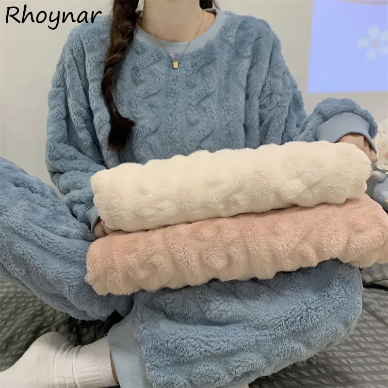 

Pajamas Women Two Piece Sets Sleepwear Baggy O-neck Clothing Comfortable Home Thicken Winter Minimalist Korean Fashion Chic Cozy