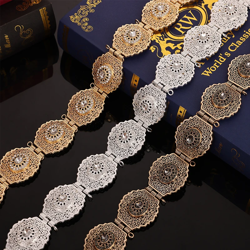 Morocco Chic Caftan Rhinestones Belts Hollow Flower Desgin Gold Color Waist Chains Arabic Luxury Body Jewelry for Women
