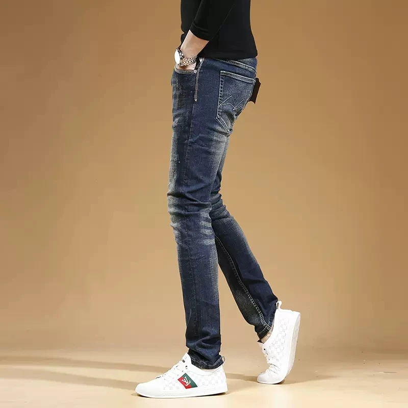 Autumn Men Blue Scratched Jeans Streetwear Slim Fit Straight Pants Korean Style Casual Stretch Denim Trousers