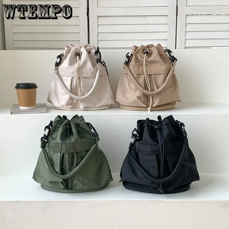 Large Capacity Nylon Women Bag Middle Shoulder Bag Korean Style Drawstring Bucket Bag Casual Light Youth Crossbody Bag Wholesale