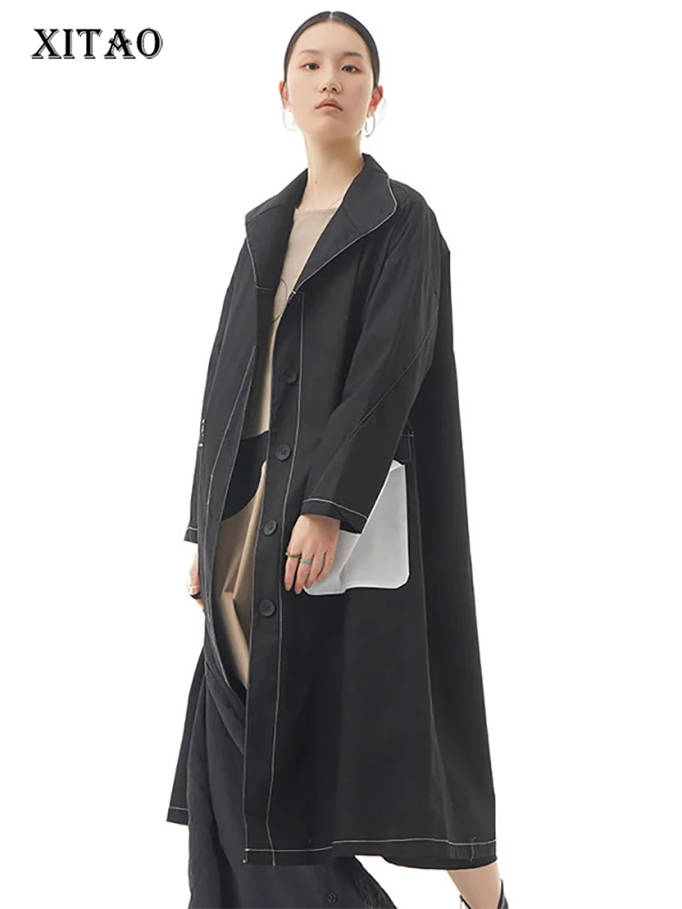 

XITAO Pocket Trench Women Full Sleeve Goddess Fan Black Small Fresh Single Breast 2022 Spring Elegant Loose Coat WMD4789