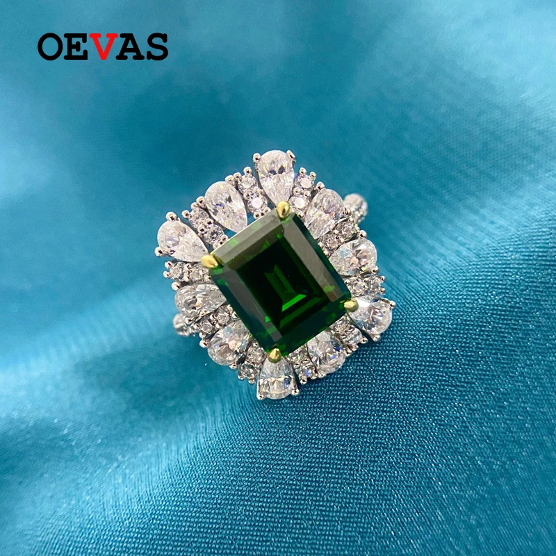 

OEVAS 100% 925 Sterling Silver Vintage 9*11MM Emerald High Carbon Diamond Wedding Ring For Women Sparkling Party Fine Jewelry