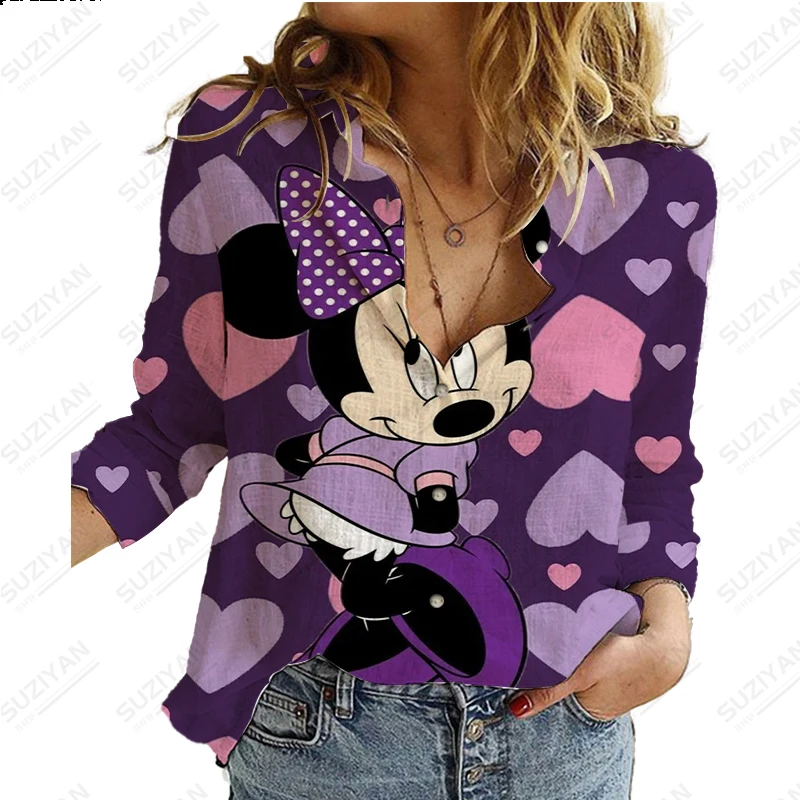 

Summer Disney Cute Print Women's Long Sleeve Shirt Casual Elegant Button Cardigan Sexy Street Fashion Chiffon Shirt Breathable