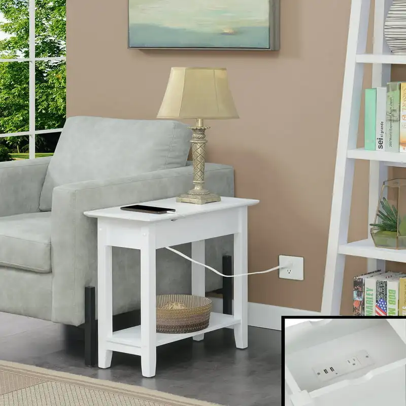 

American Heritage Flip Top End Table with Charging Station and Shelf, White
