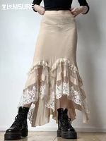 iamsure vintage lace ruffles mesh trumpet skirt see through slim mid waisted maxi skirts mermaid skirt women 2022 casual holiday