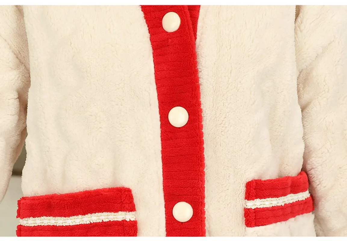 Women's Winter Warm Thin Pajama Suit With Strawberry Pocket Polyester Comfortable Lapel Button Style Leisure Wear