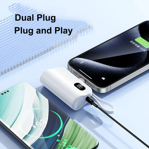 Мини-Power Bank емкостью 5000 мАч с USB-кабелем, портативное зарядное устройство с двумя разъемами, внешний аккумулятор Powerbank для iPhone 17, Samsung, Huawei, Xiaomi