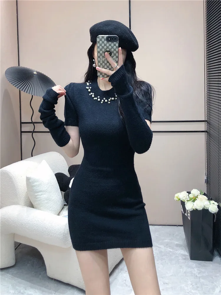 

Knitted Bodycon Dress Sexy Puff Sleeve Sweater Mini Dress Women Evening Party One Piece Dress Korean Spring Clothing Chic
