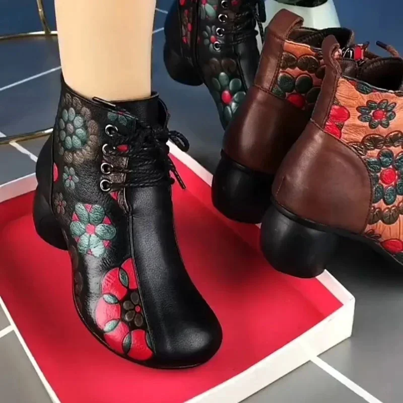 

Женские ботильоны в ретро стиле, зимние этнические ботинки из искусственной кожи с цветочным принтом и боковой молнией, обувь для мам на низком каблуке, женская обувь, Botas De Mujer