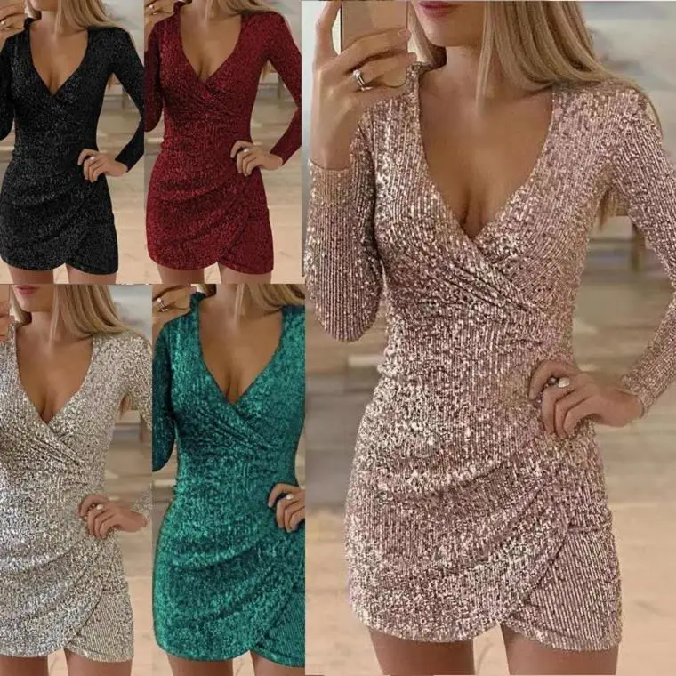 

2022 New Autumn Sexy V-neck Irregular Sequined Women Party Dresses Female Night Club Irregular Mujer Vestido