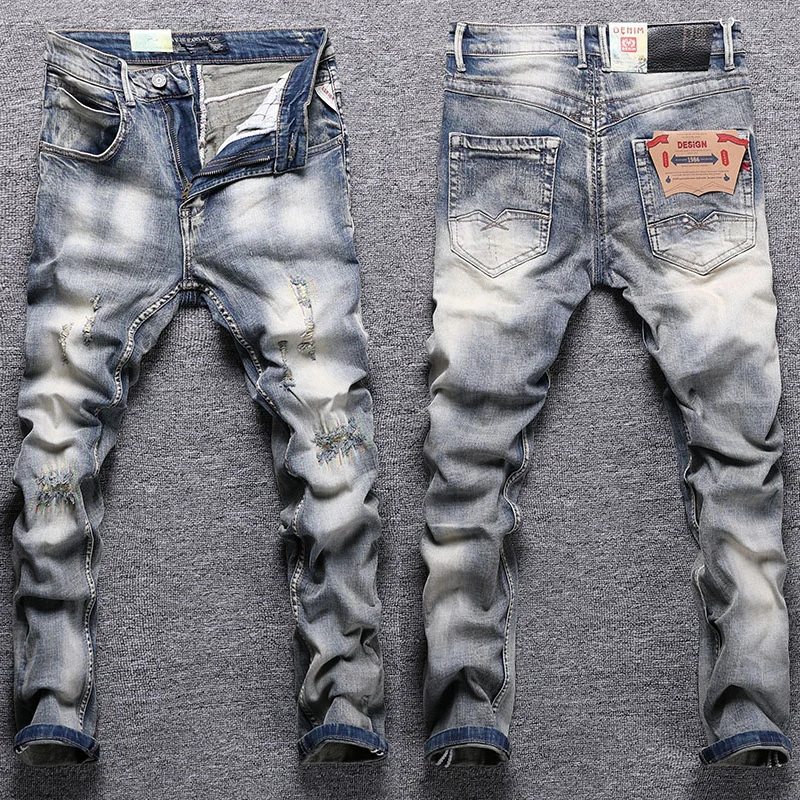 Jeans Retro Yellow Washed Elastic Destroyed Slim Ripped Jeans Men Embroidery Designer Hip Hop Denim Pants