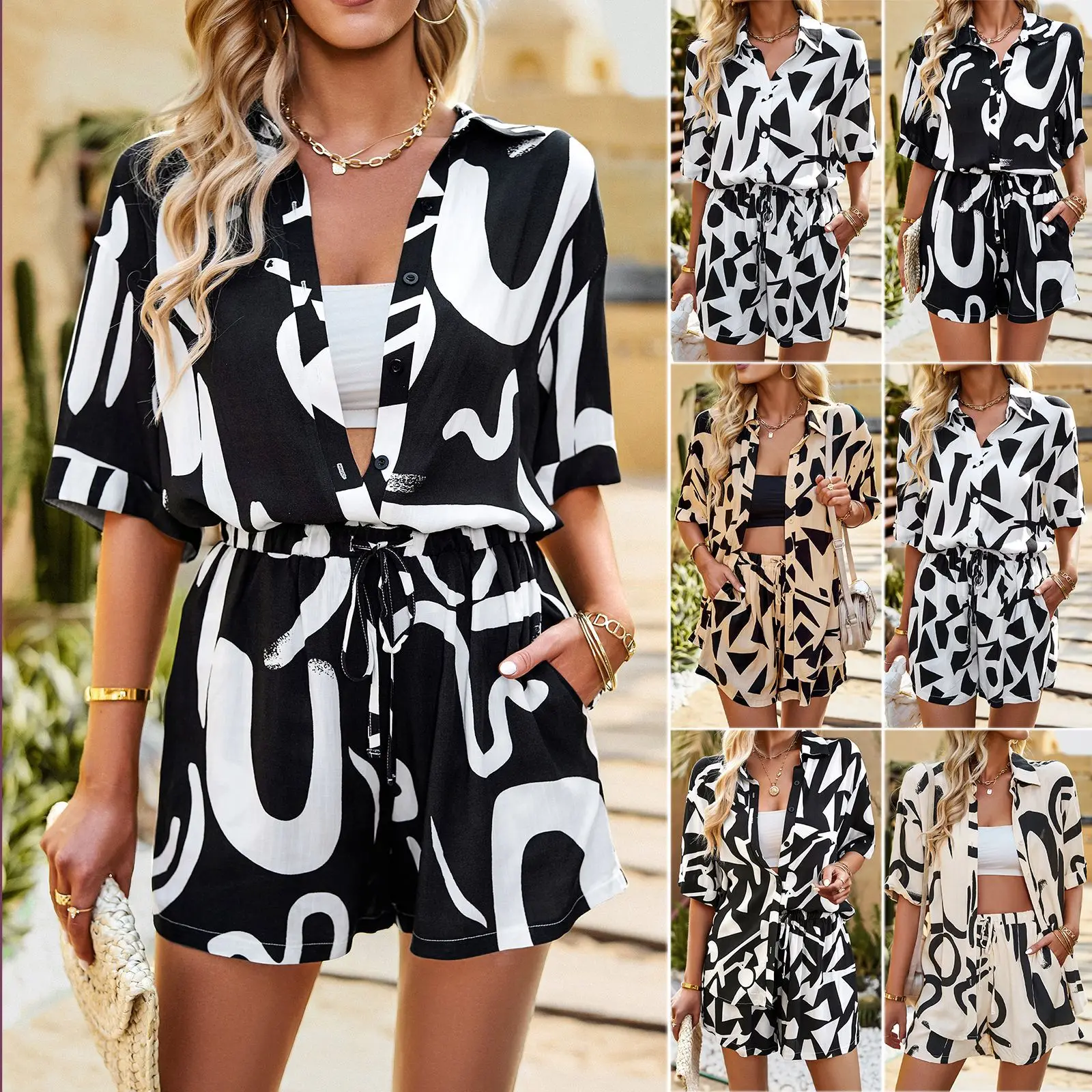 

Women Summer Fashion Shirt Collar Geometry Print Button Waist Retraction Lace Up Commuting Versatile Casual Jumpsuits Romper