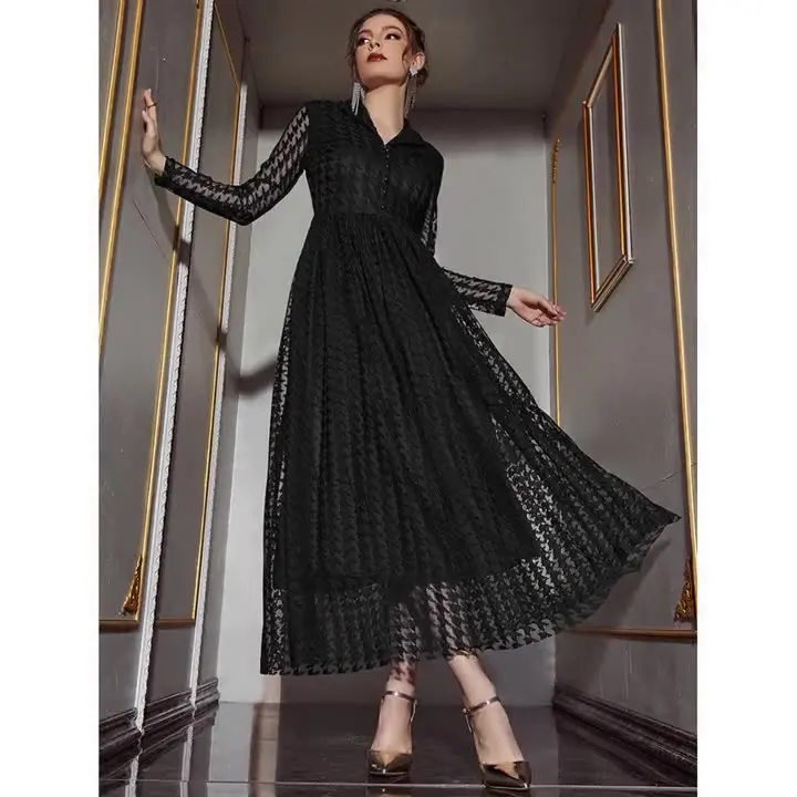 

Elegant hollow mesh patchwork lace formal party dresses Black long sleeve button down v-neck high waist maxi dresses for women