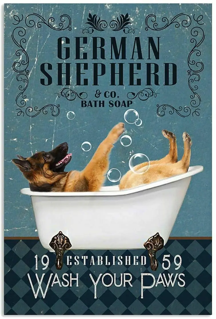 

German Shepherd Bath Soap Wash Your Paws Poster Art Print Decor Home Vintage Style Metal Wall Plaque Wall Decoration posters