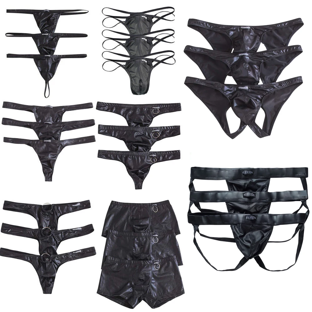 

3PCS/Lot Sexy Mens Underwear Briefs Faux Leather Low Waist Mens Briefs Underpants Exotic Jockstraps T-back Thongs Tangas Panties