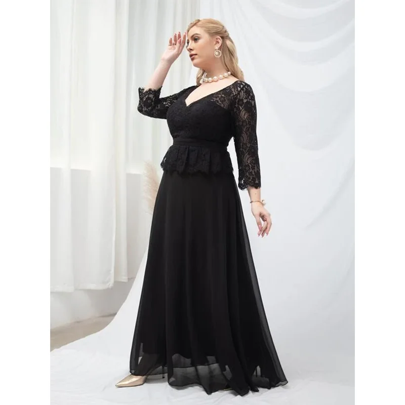 Plus Size V Neck 4XL5XL Lace Wine Red Chiffon Loose Elegant Evening Gown Wedding Plus Size Dresses
