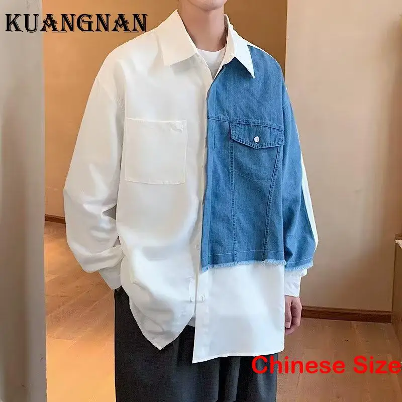 

KUANGNAN Patchwork Social Shirt Man Luxury Men's Shirts and Blouses Clothes Long Sleeve Top Cool Blouse Sale 2XL 2023 Spring