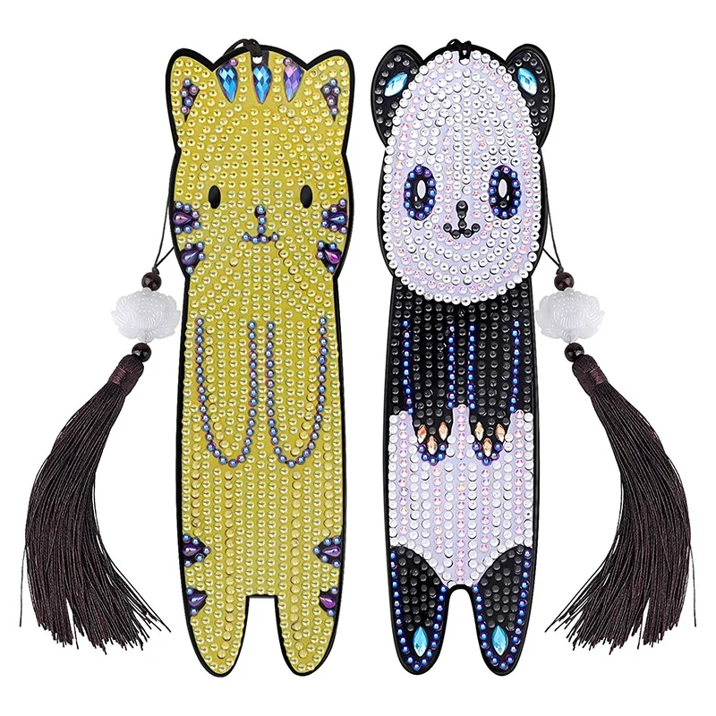 

Pack Of 2 DIY Diamond Painting Bookmarks, Diamond Embroidery Painting Tassel Leather Bookmark Set, Panda & Cat
