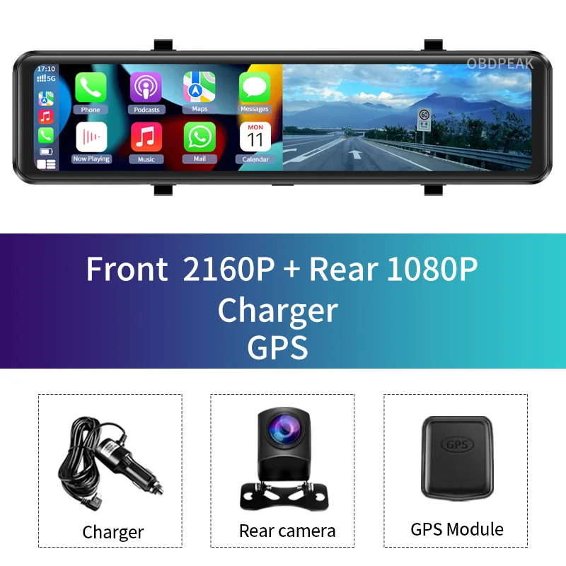 

OBDPEAK 4K 3840*2160P Зеркало заднего вида Carplay и Android Авто видеорегистратор GPS-навигация Автоматический рекордер WIFI 1080P Двойной объектив Bluetooth
