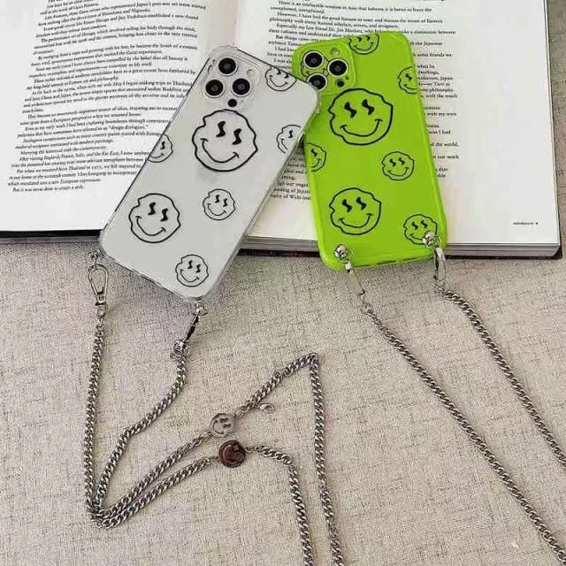 

New 3D Smiley Metal Chain Bracelet Pendant Silicon Phone Case for Iphone 12 11 Pro Max Mini XR XSMAX X XS 8 7 Plus Mate Cover