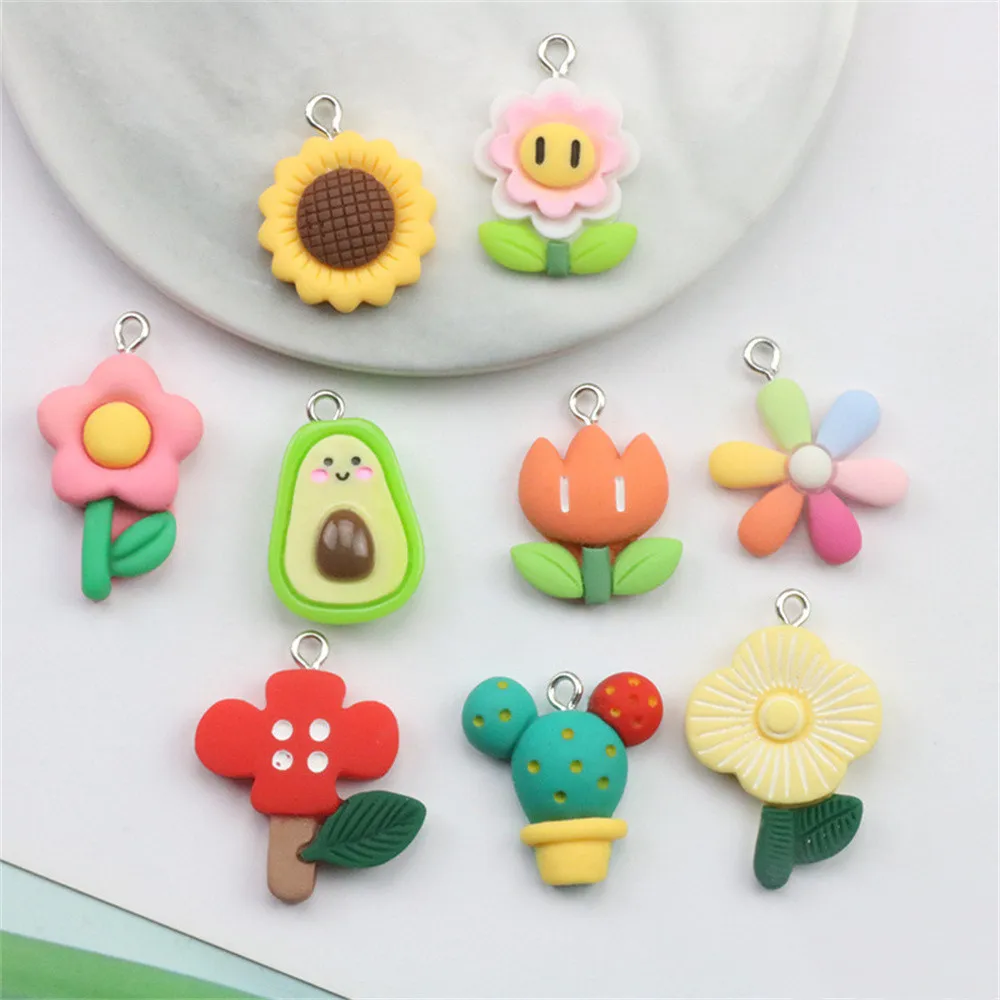 

10Pcs Colorful Flowers Resin Pendants Cute Cactus Avocado Carrot Jewelry Earring Handmade Accessories DIY Embellishment Material