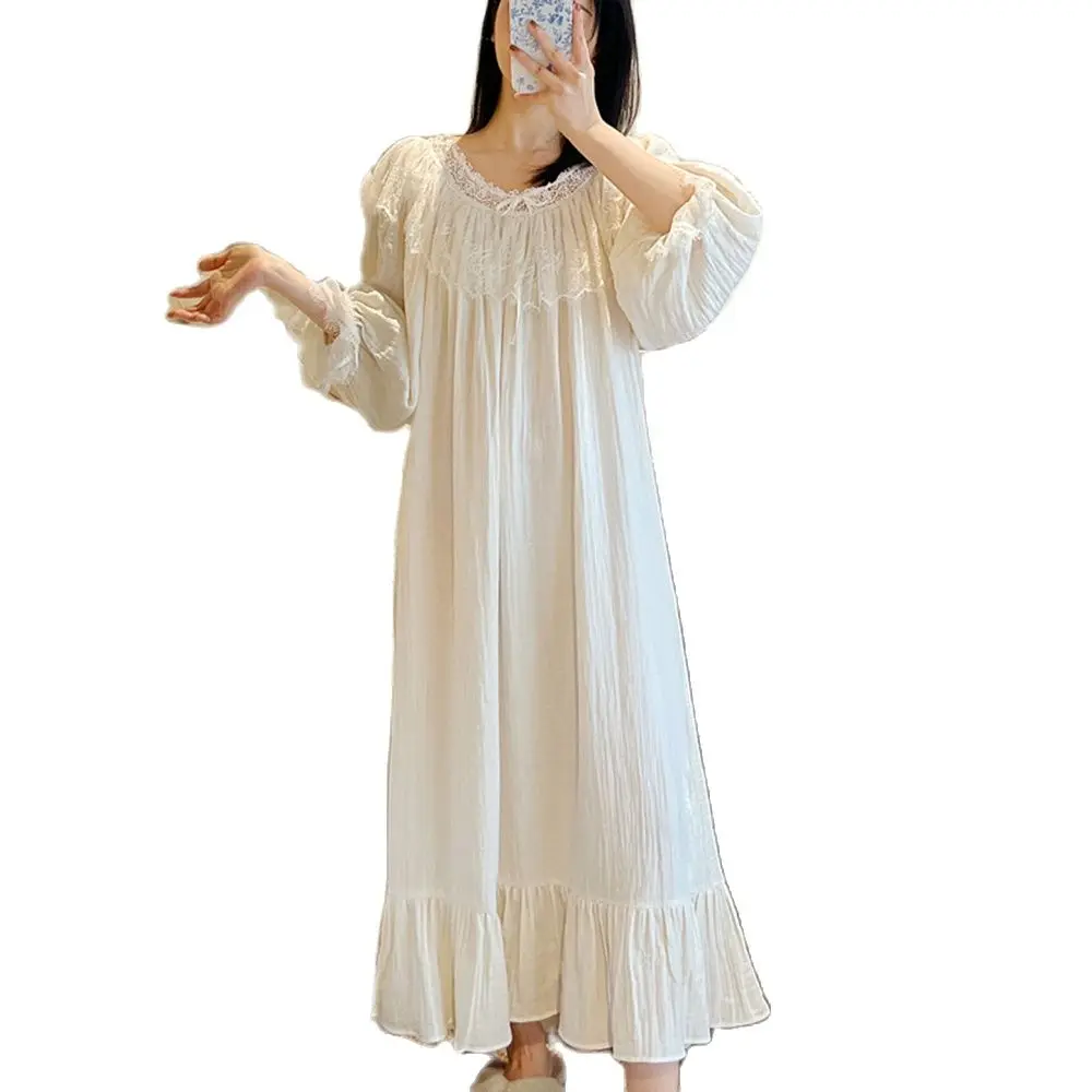 

2022 Spring Summer New Retro Palace Style Double Layer Lace Nightdress Women Cotton 100% Princess Style French Homewear Yukata